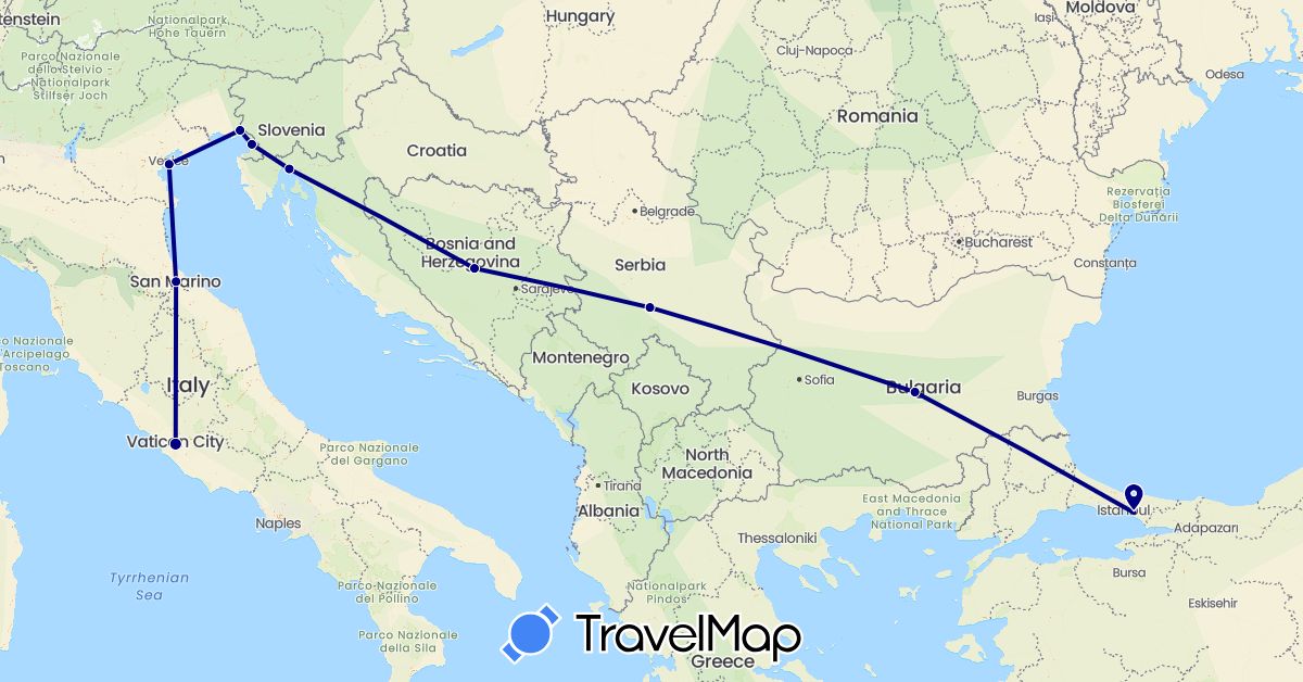 TravelMap itinerary: driving in Bosnia and Herzegovina, Bulgaria, Croatia, Italy, Serbia, San Marino, Turkey (Asia, Europe)